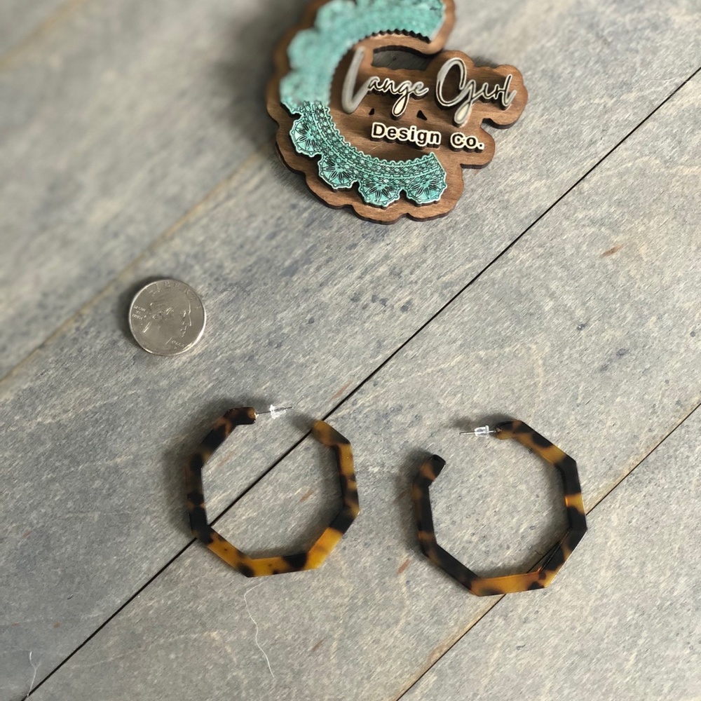 Beautiful Handmade Tortoise Shell Patterned Oversized Octagonal Large Hoops - Picture 2 of 4